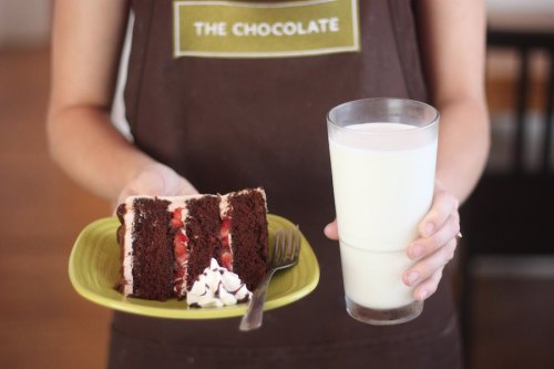 A person holds a slice of chocolate cake with cherries and a glass of milk on a green plate.