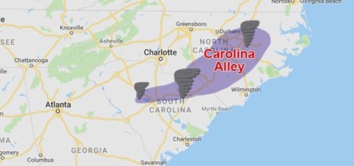Map highlighting "Carolina Alley" in North and South Carolina, with tornado symbols indicating potential storm areas.