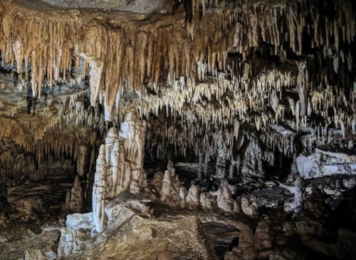 Stalactites and stalagmites in a dark cave, showcasing intricate rock formations and textures.