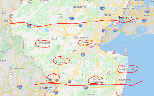 Map of New Jersey highlighting cities: Easton, Flemington, Princeton, Edison, Trenton, Long Branch, and Freehold Township.
