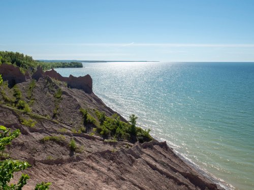 A scenic view of a rocky shoreline with lush greenery and calm blue waters under a clear sky.