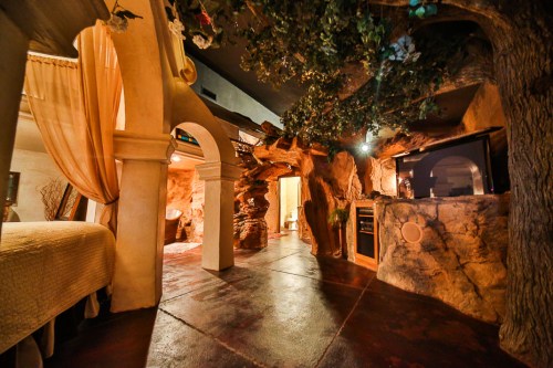 A unique interior featuring natural rock formations, arches, and a cozy atmosphere with greenery and warm lighting.