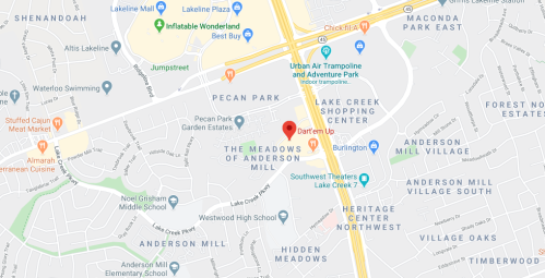 Map showing the area around Anderson Mill, highlighting locations like Pecan Park and the Meadows of Anderson Mill.