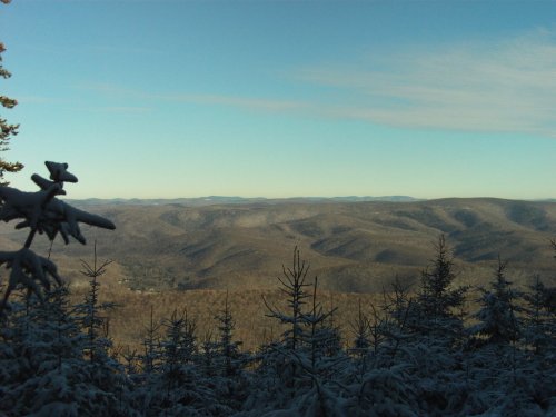 Snow-covered mountains stretch into the distance under a clear blue sky, with evergreen trees in the foreground.