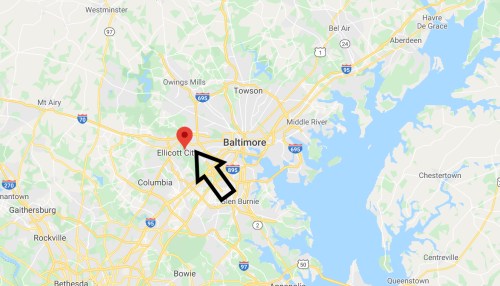 Map highlighting Ellicott City, Maryland, with a red marker and an arrow pointing to its location near Baltimore.