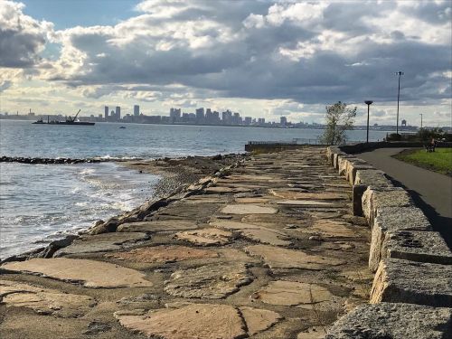 A stone pathway along the water with a city skyline in the distance under a cloudy sky.