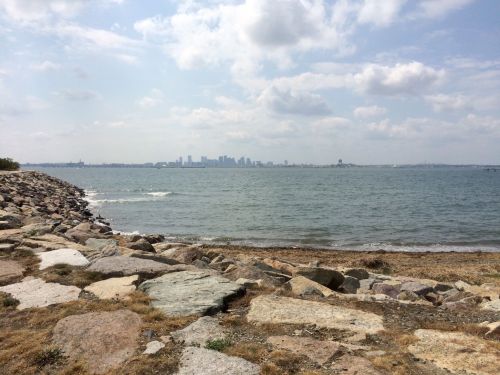 A rocky shoreline with a view of a city skyline in the distance under a partly cloudy sky.