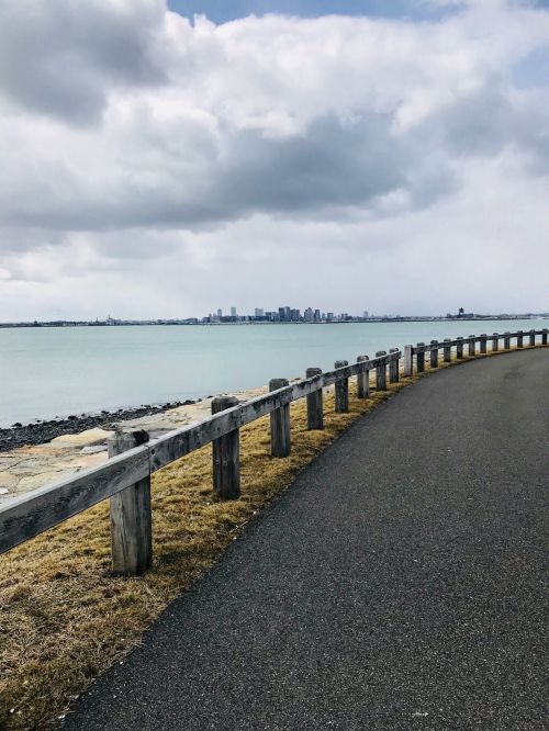 A pathway along the water with a wooden fence, leading to a city skyline under a cloudy sky.