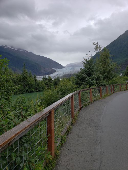 A scenic view of a glacier surrounded by mountains and greenery, with a wooden railing along a pathway.