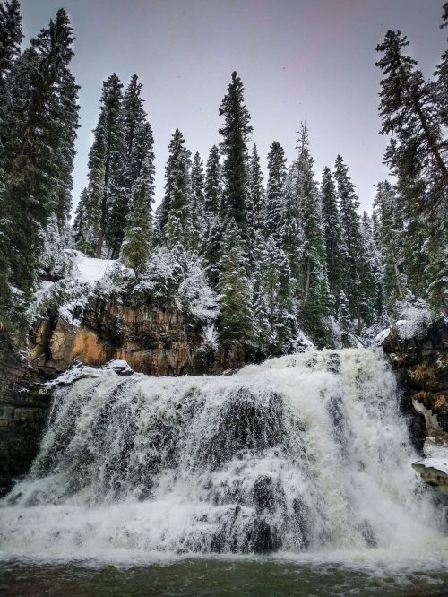 A snowy waterfall cascades down rocky cliffs, surrounded by tall evergreen trees in a winter landscape.