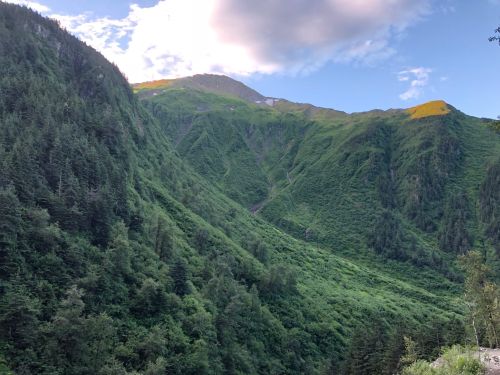 Lush green mountains with steep slopes under a partly cloudy sky, showcasing a vibrant natural landscape.