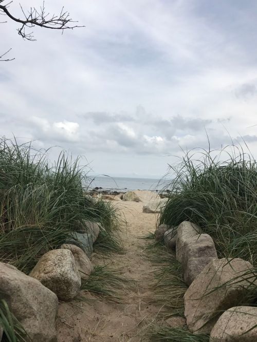 A sandy path lined with rocks and grass leads to a calm beach under a cloudy sky.