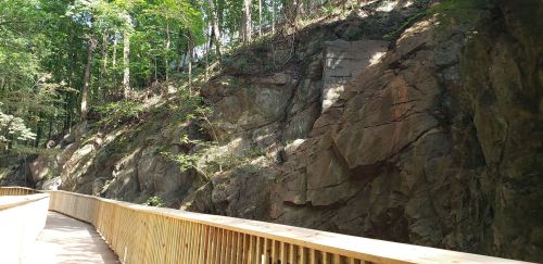 A wooden walkway beside a rocky cliff, surrounded by lush green trees in a natural setting.