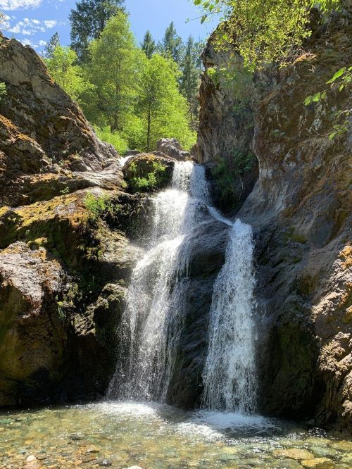 A serene waterfall cascading over rocky terrain, surrounded by lush greenery and sunlight filtering through the trees.