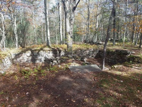 A stone foundation surrounded by trees and fallen leaves in a wooded area during autumn.