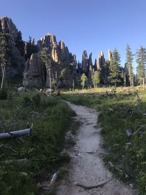 A winding dirt path leads through a lush green meadow, surrounded by tall rock formations and scattered trees.