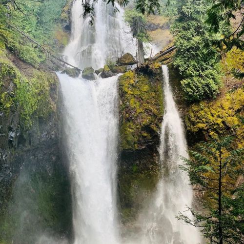 A stunning waterfall cascading over moss-covered rocks, surrounded by lush green trees and mist.