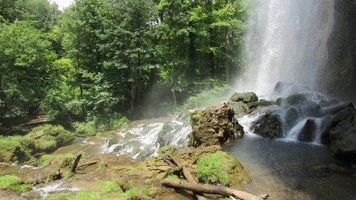 A serene waterfall cascading over rocks, surrounded by lush green trees and foliage in a tranquil forest setting.