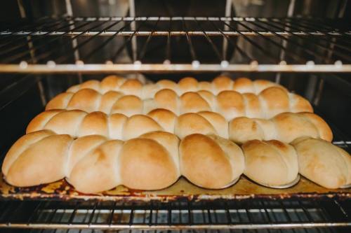 Freshly baked golden rolls arranged on a baking tray inside an oven.