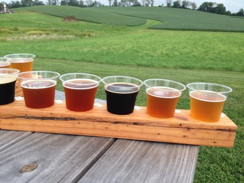 A wooden flight board with six cups of different beers, set against a green field and cloudy sky.