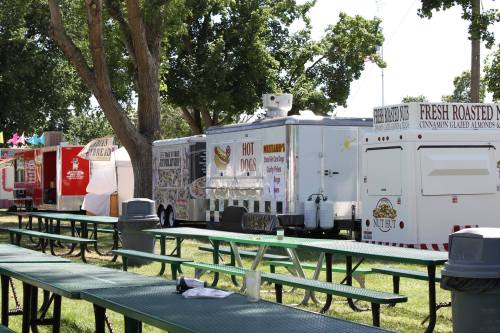 A row of food trucks in a park, with picnic tables and trees in the background.