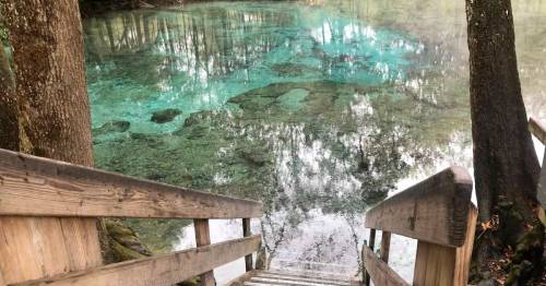 Wooden stairs lead down to a serene, turquoise water body surrounded by trees and reflections.