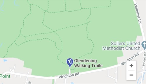 Map showing Glendenning Walking Trails in a green area, with nearby roads and Sollers United Methodist Church.