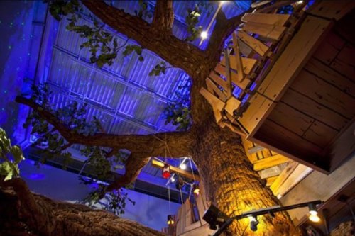 A large artificial tree with a wooden platform, illuminated by blue lights, inside a spacious indoor setting.