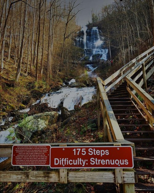 A wooden sign indicates "175 Steps" with "Difficulty: Strenuous" near a waterfall and forested area.