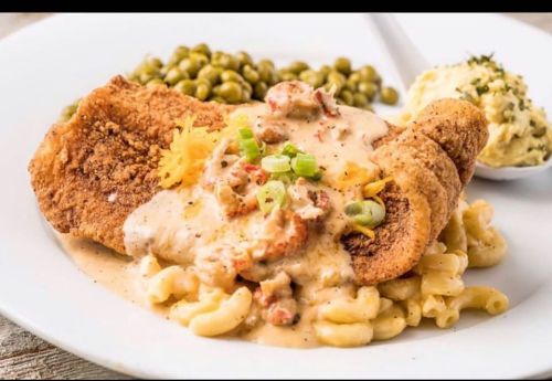 A plate featuring fried chicken topped with creamy sauce, macaroni, green peas, and a side of potato salad.