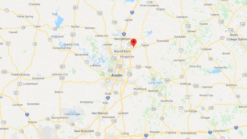 Map showing the area around Austin, Texas, with marked locations including Round Rock and Taylor.