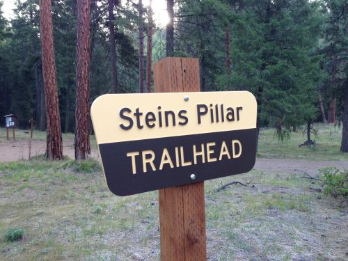 Sign for Steins Pillar Trailhead in a forested area, surrounded by tall trees and natural scenery.