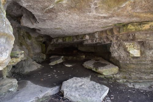 A rocky cave interior with uneven stone surfaces and a dark, shadowy area in the background.