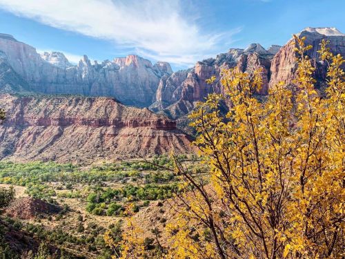 A scenic view of colorful cliffs and mountains with a foreground of yellow foliage in a lush valley.