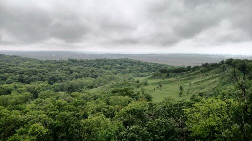 A panoramic view of lush green hills and valleys under a cloudy sky.