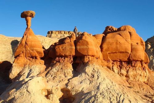 A person stands on a rock formation with unique, layered shapes and warm orange hues against a clear blue sky.