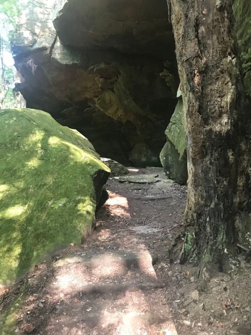 A rocky cave entrance surrounded by large boulders and trees, with a dirt path leading inside.