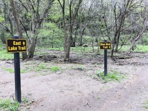 Two trail signs in a wooded area: one points to "East Lake Trail" and the other to "Blue Bird Trail."