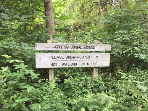 Sign in a wooded area reading "Site 39 Burial Mound. Please show respect by not walking on mound." Surrounded by greenery.