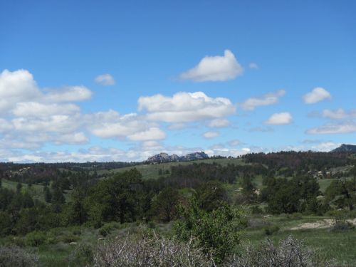 A scenic landscape featuring rolling hills, green vegetation, and a blue sky with fluffy white clouds.