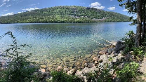 A serene lake surrounded by lush greenery and rocky shores, with a mountain in the background under a clear blue sky.