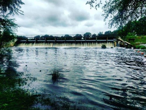 A serene view of a dam with water cascading over it, surrounded by greenery and a cloudy sky.