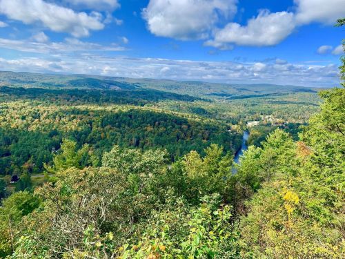A panoramic view of lush green hills and a winding river under a partly cloudy blue sky.
