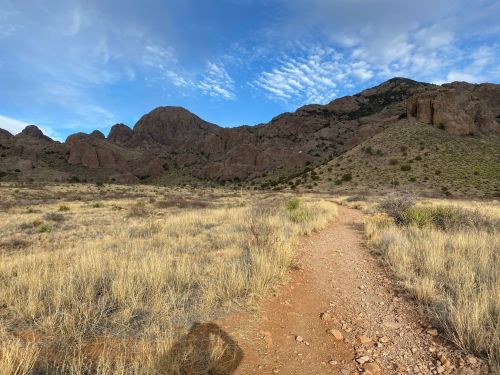 A dirt path winds through a grassy landscape, leading towards rocky mountains under a blue sky with scattered clouds.