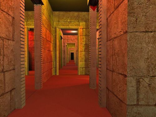 A corridor with stone walls and red carpet, featuring multiple doorways leading into dark spaces.