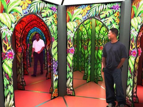 A colorful maze with vibrant floral designs, featuring two men exploring the intricate pathways.