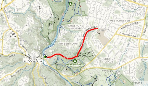 Map of Ellicott City showing the Timber Trail route in red, with nearby parks and neighborhoods labeled.