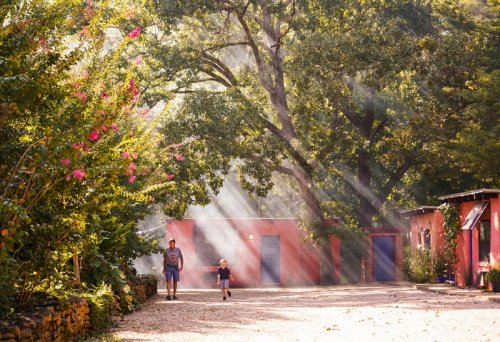 A man and a child walk along a sunlit path surrounded by trees and colorful flowers, with rustic buildings in the background.