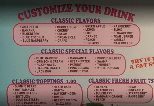 Menu displaying customizable drink options with classic and special flavors, plus toppings and fresh fruit choices.