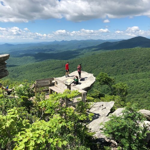 A scenic mountain view with hikers on a rocky ledge, surrounded by lush green forests and distant peaks under a blue sky.